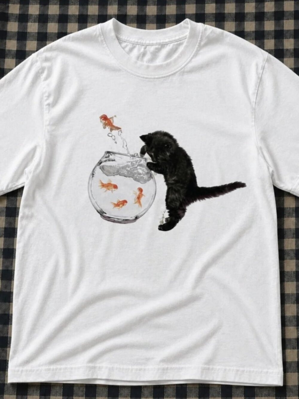 White Tee with Black Kitten & Orange Goldfish Graphic Reprint